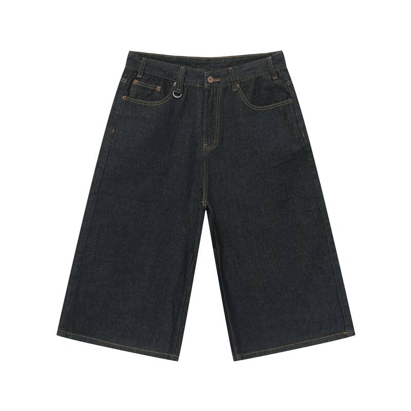 Quần short denim nam dáng rộng ống suông — Da bò thô màu đen, Xanh denim thô, Xanh đậm, Đen xám