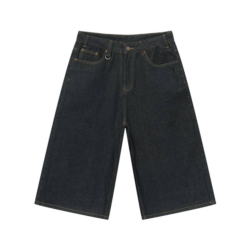 Quần short denim nam dáng rộng ống suông — Da bò thô màu đen, Xanh denim thô, Xanh đậm, Đen xám