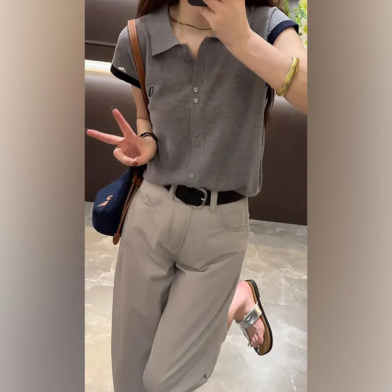 夏服セット2025新型爆金洋気ニット半袖tシャツ九分カジュアルパンツ気質セット|undefined