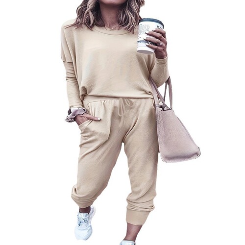 Pure color loose casual suit for women 2024 foreign trade spring and autumn new style round collar long-sleeved harem pants two-piece set