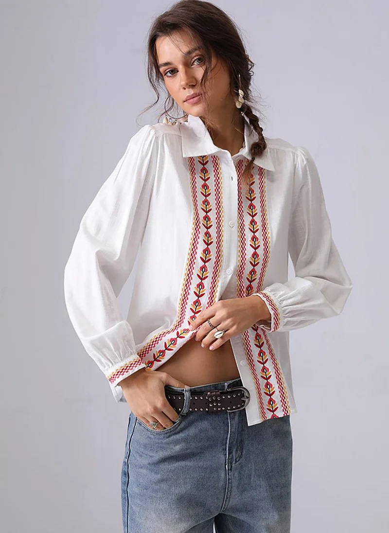Europa y América primavera y otoño nueva industria pesada bordada V-collar francés camisa de manga larga mujer bohemia chaqueta suelta image 8