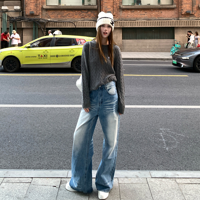 [Jinyin] Crease Retro Old Washed Jeans Women's Loose Slimming Wide Leg Straight Pants Mop Pants