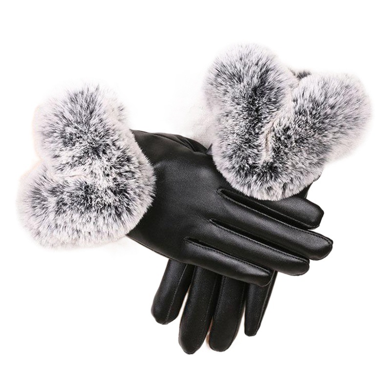 Guantes cálidos de otoño e invierno para mujer PU de cuero a prueba de frío forrados de lana engrosada boca de piel de conejo al aire libre guantes de pantalla táctil a prueba de frío