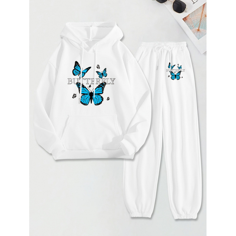 Chic Butterfly Print Ladies Hoodie and Jogger Set Casual Long Sleeve Machine Washable Sweatshirt Set with Pockets
