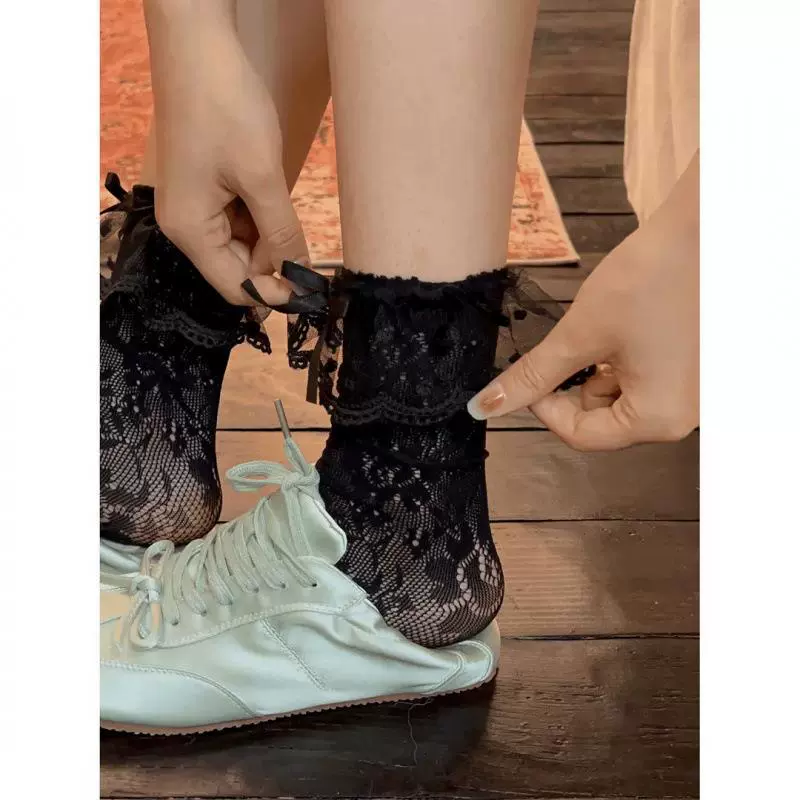 Summer thin white lace knee socks, lace dress, mid-length