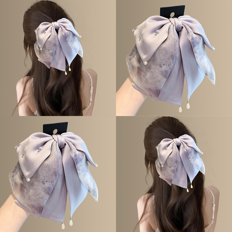 Purple Mist Lilac~Gentle Purple Satin Patterned Hair Clip with Elegant Pearl Bow for Half-Tied Hairstyles