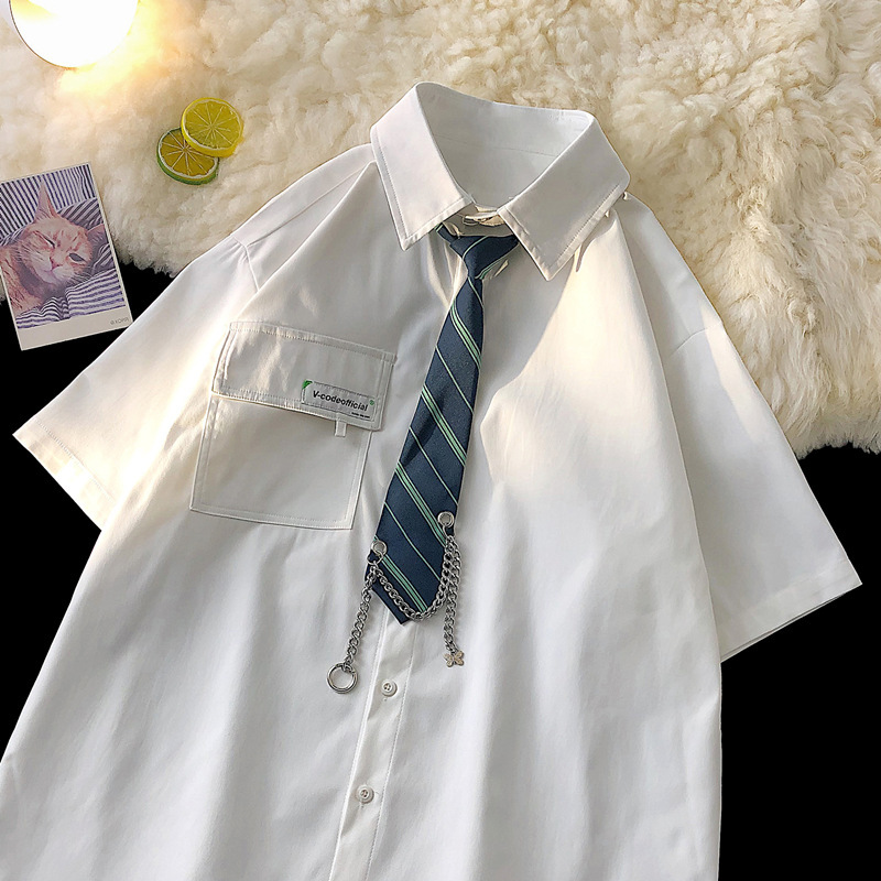 Comercio exterior japonés retro delgada JK corbata camisa verano de los Hombres estilo coreano moda suelta ins pareja todo partido color sólido