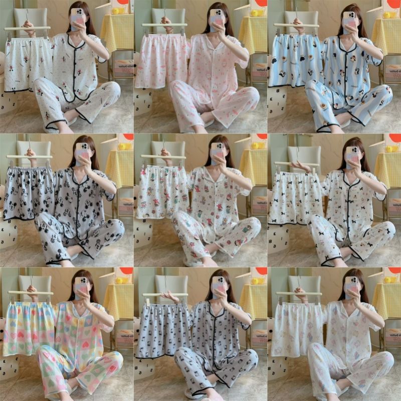 Pijamas de algodón de nube Cárdigan de tres piezas de verano para mujer Pantalones cortos de manga corta Pantalones cortos Dulce transmisión en vivo Paquete de servicio a domicilio Orden exterior