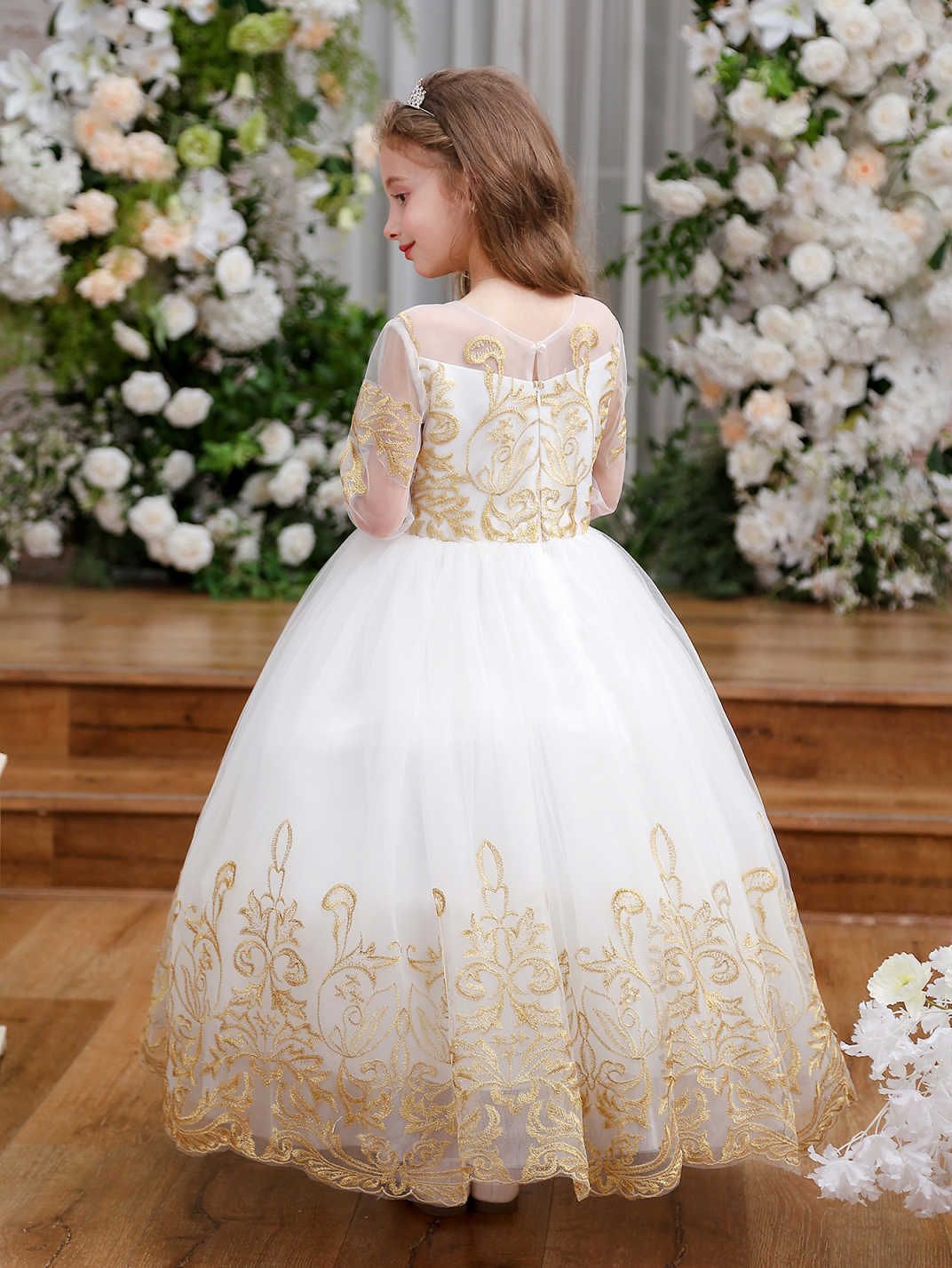 Ropa infantil transfronteriza vestido de bebé princesa de rendimiento de rendimiento de encaje de manga larga vestido de novia de flores