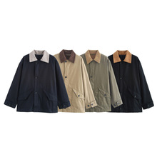 外贸批发秋冬新款欧美风宽松帆布拼色翻领夹克外套