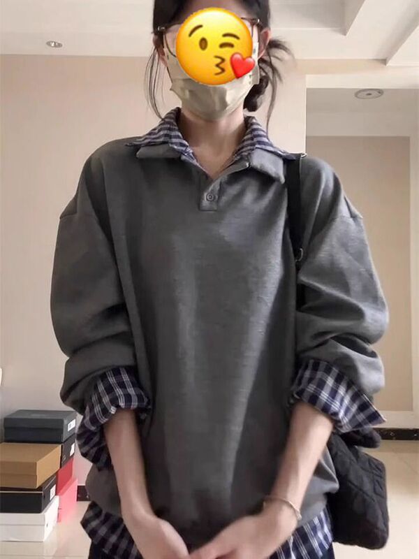 韩系假两件格子拼接灰色polo领卫衣女加绒设计感小众宽松休闲上衣|undefined