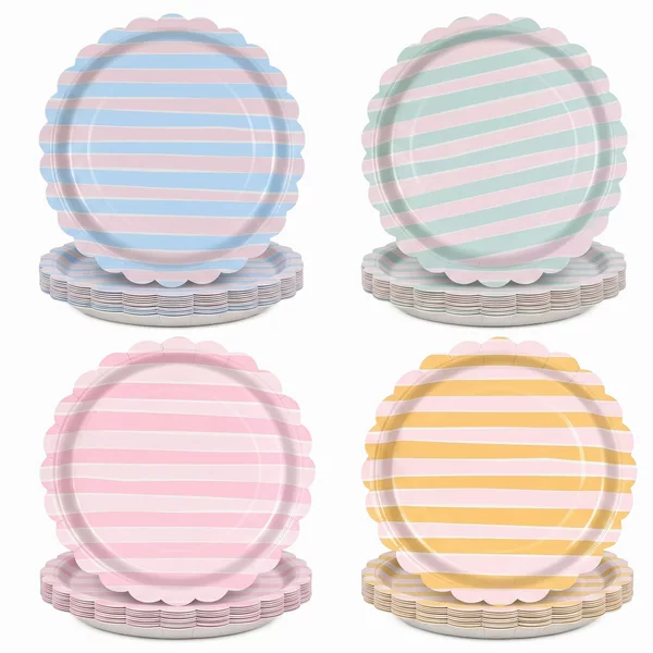 Macaron striped wavy lace paper plates, disposable thickened dessert plates, round plates for birthday, picnic, and party decorations