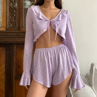 2026跨境欧美春夏季开衫系带睡衣两件套宽松性感长袖短裤家居服女