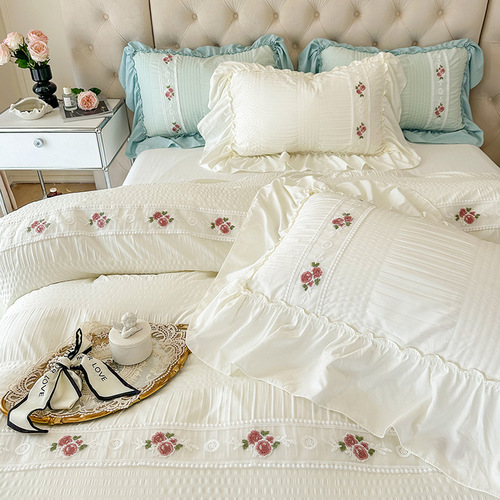 Four seasons seersucker washed cotton bed set four-piece princess style girly heart bedding sheets fitted sheet quilt cover universal for all seasons
