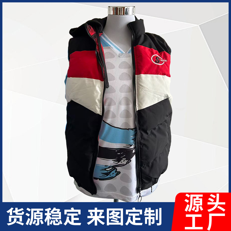 Factory direct supply of men's color-blocked hooded quilted vest, loose-fitting, warm, sleeveless cotton jacket, casual sports cotton vest