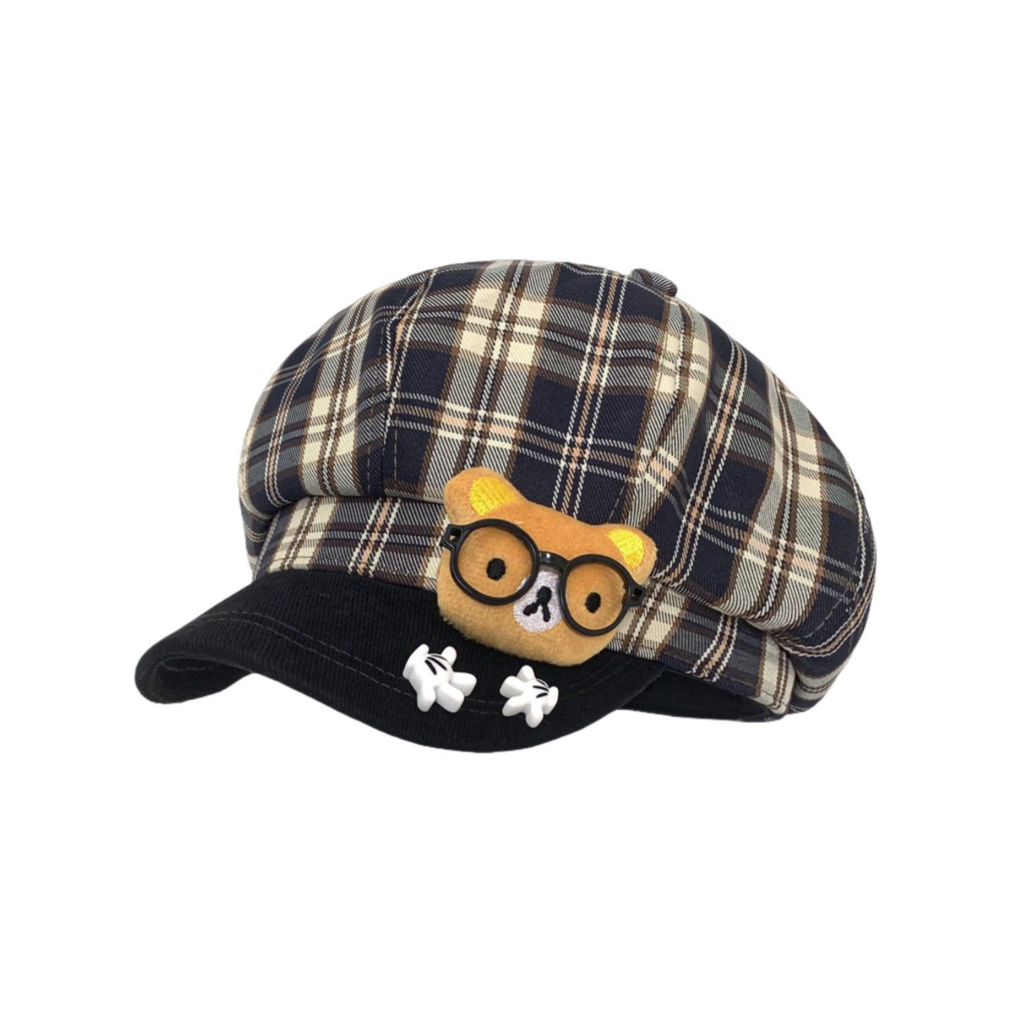 Cute Cartoon Bear Beret Hat For Women Plaid Octagonal Cap Style_voghion.com