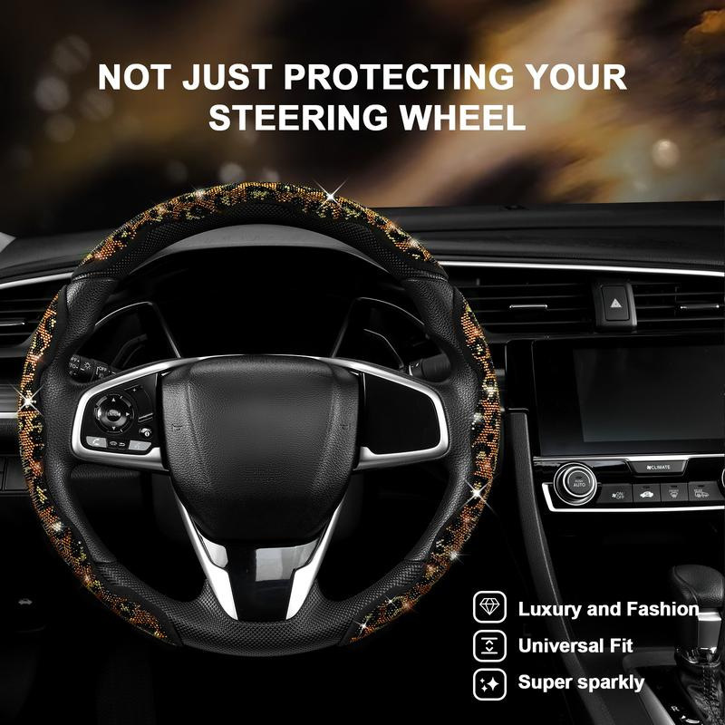 Leopard print diamond-studded crystal car steering wheel cover, trendy and shiny interior modification set for girls, universal car steering wheel cover