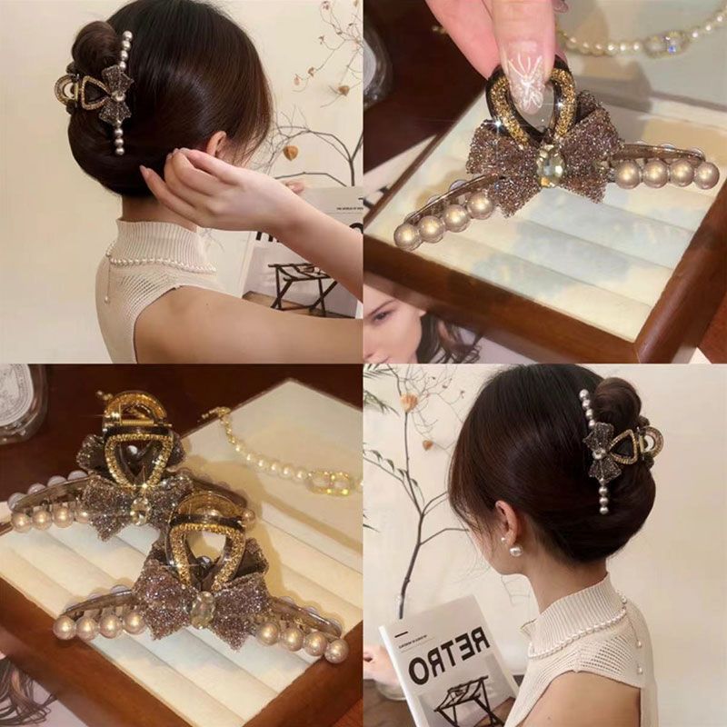 源頭美拉德水鑽珍珠蝴蝶結抓夾女後腦勺大號髮夾氣質鯊魚夾子頭飾