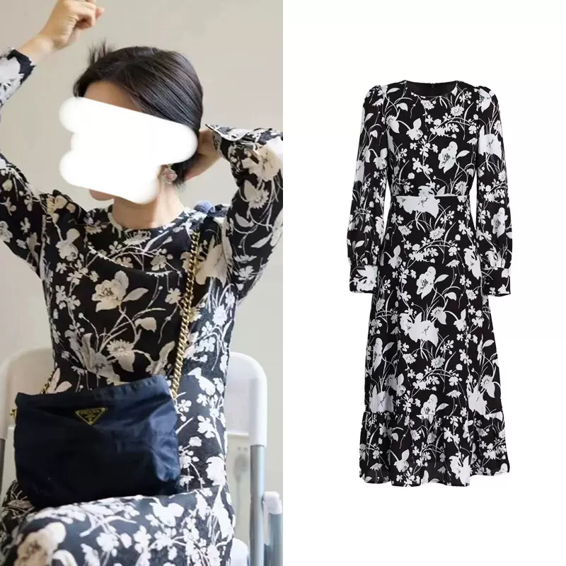 [现货]朱珠同款碎花连衣裙时尚小众设计感黑色印花修身过膝长裙子