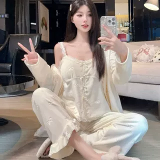 新款甜美蕾丝花边睡衣三件套女长袖长裤家居服套装公主风四季通用