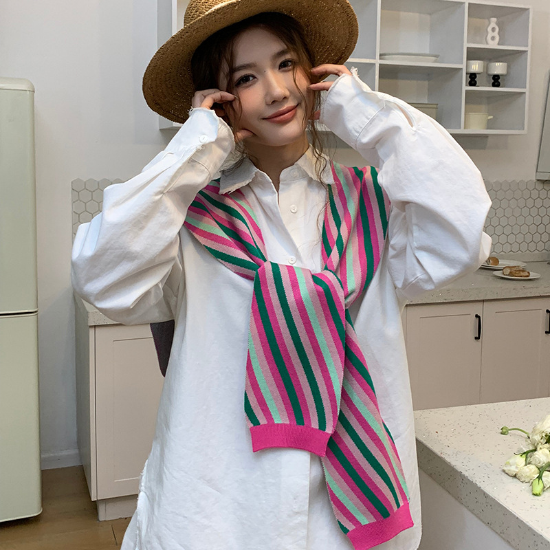 Chal de punto para mujer, primavera y verano, versión coreana del nuevo estilo, rayas de contraste, decoración exterior, aire acondicionado, cuello, chaleco, cuello, cuello, cuello, cuello, cuello, cuello, cuello, cuello, cuello falso, cuello