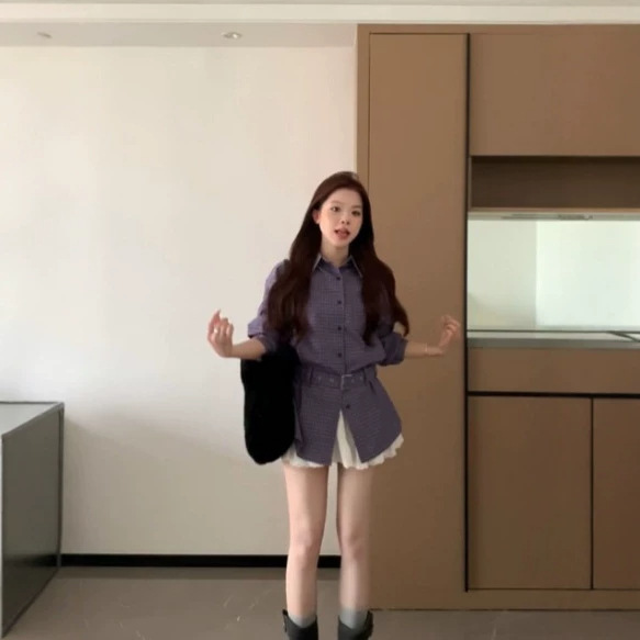 French-style purple long-sleeved plaid shirt, women's early autumn 2026 new collection, sophisticated and elegant blouse with a fitted waist