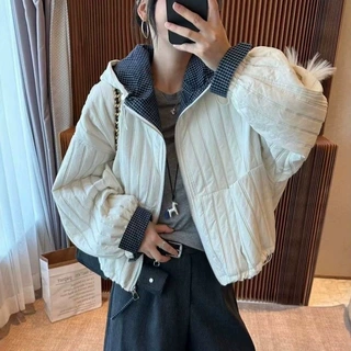 大码胖mm韩版连帽格子拼接棉服外套女秋冬季新款宽松休闲绗线棉衣