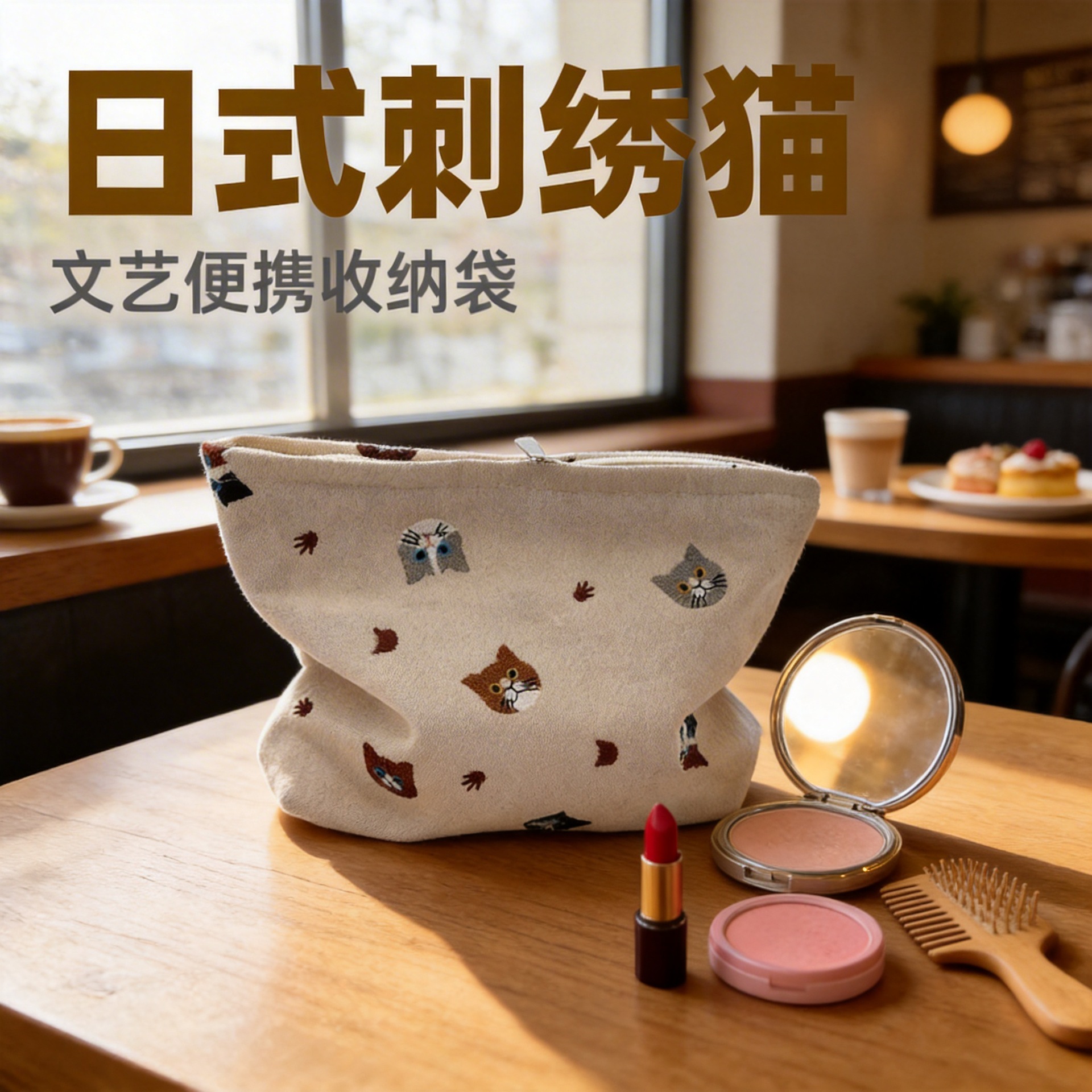 2026년 가을 중국풍 신상 캔버스 자수 만화 애니메이션 핸드백 여성용 입체 대용량 화장품 수납 가방