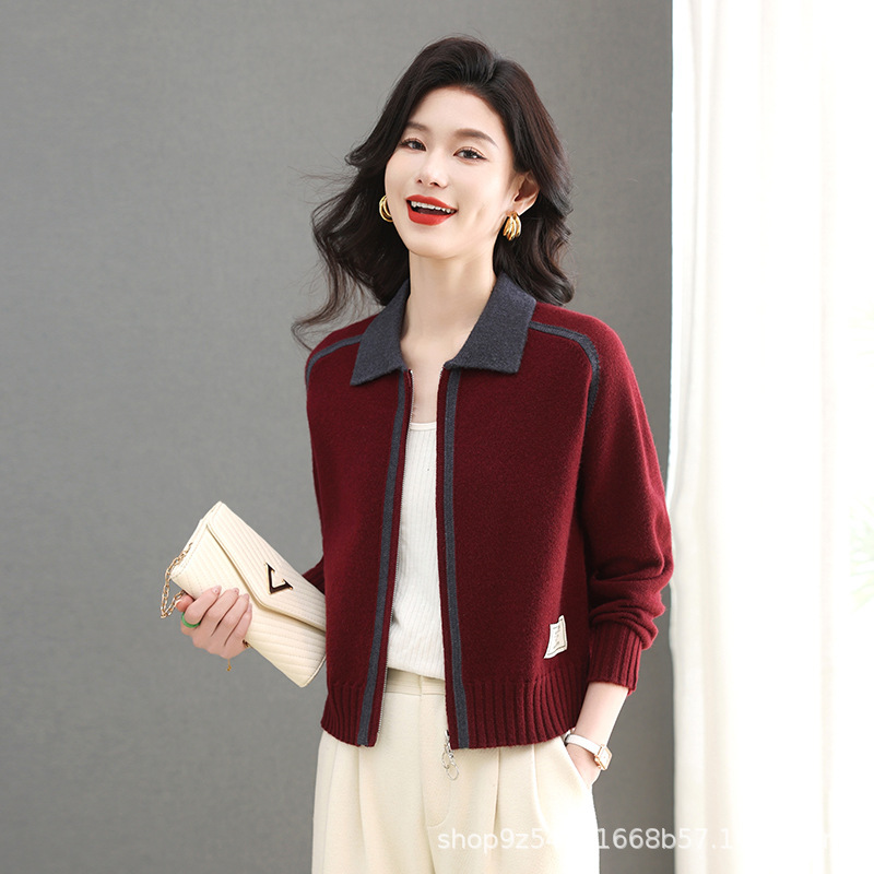 Wholesale Spring and Autumn New Style Sheep Velvet Jacket Solid Color Zipper Lapel Temperament Gentle Style Short Knitted Cardigan Sweater
