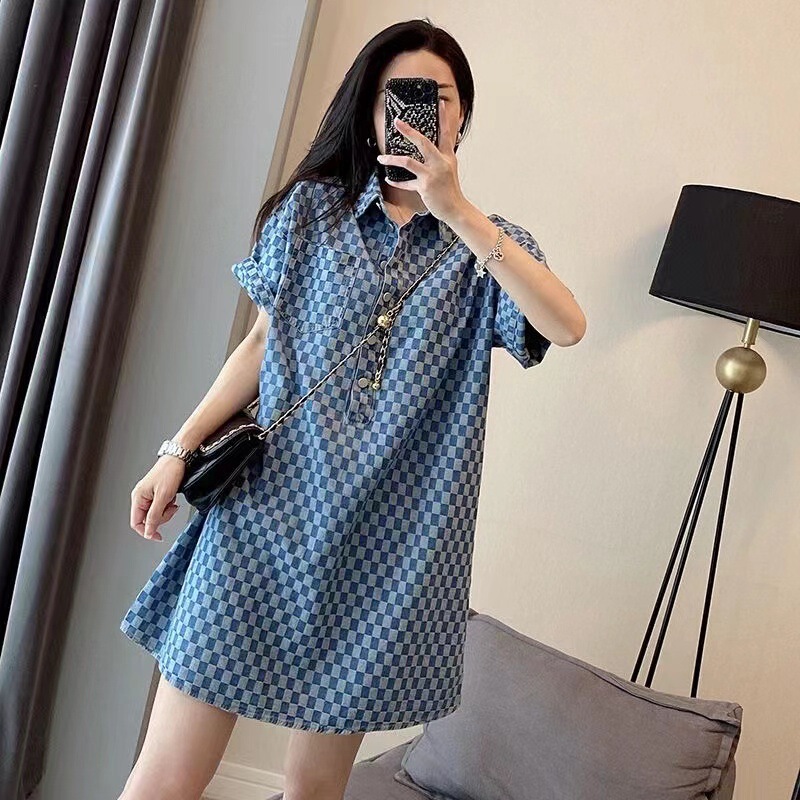 1.00 kg-150.00 kg chubby girl Denim Blue dress Women's Summer New Oversize Mid-length Loose Short-sleeved T-shirt Skirt 1.00 kg-150.00 kg chubby girl Denim Blue dress Women's Summer New Oversize Mid-length Loose Short-sleeved T-shirt Skirt