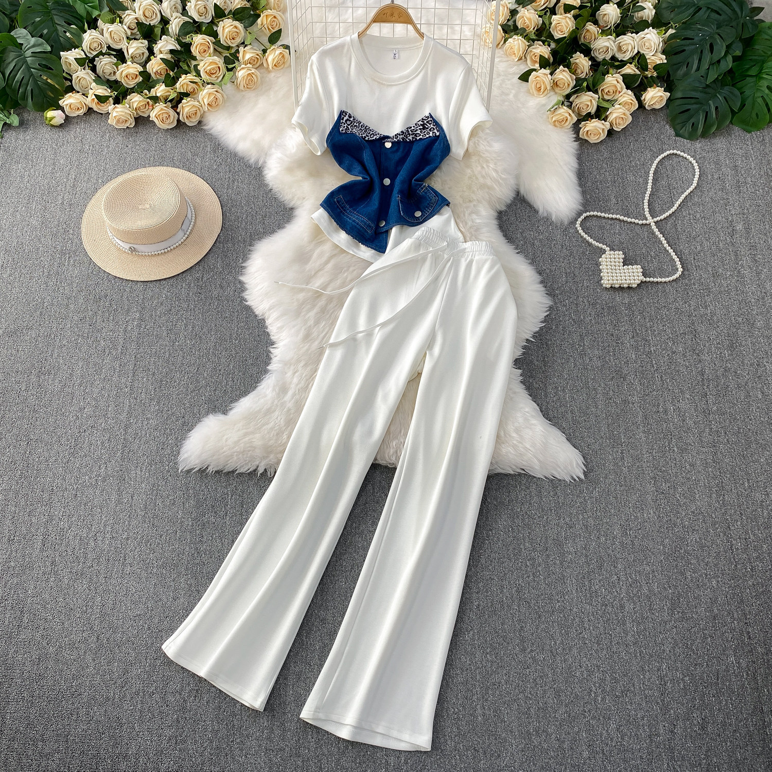 Women's Two Piece Set Denim Short Sleeved Top High-Waisted Slim Straight Leg Pants Fashion Slimming Wide Leg_ecoleips.com