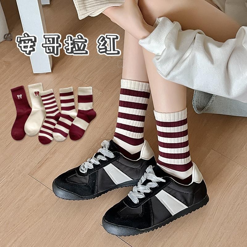 Ankora Socks Women's wine red Red Socks Bow Mid-length Socks Japanese All-match Color Contrast Striped Stockings