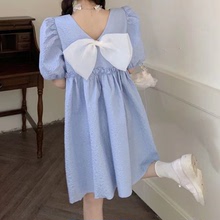 日系網紅泡泡袖連衣裙子女夏季2023新款韓版寬松蝴蝶結甜美兩面裙