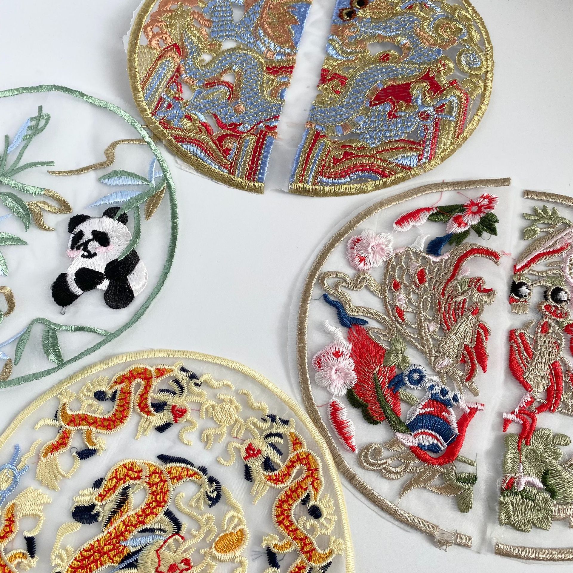 龙凤刺绣贴民族风新中式中国风圆形欧根纱网纱刺绣花边辅料