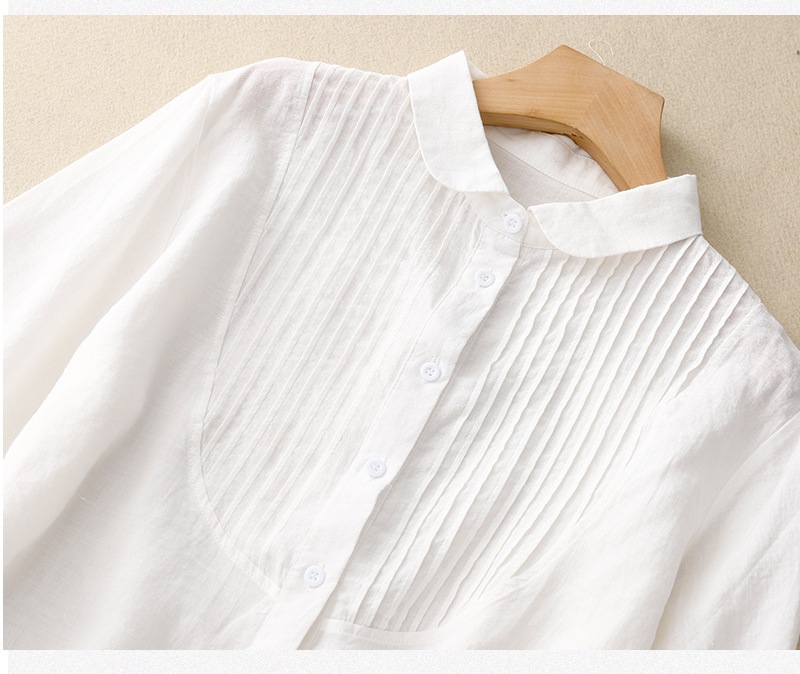 Regular Sleeve Fit Type Retro Artistic Loose Cotton Linen Shirt French Piano Pleat New Summer Style Women's Basic Shirt Pure Color Commute Fashion