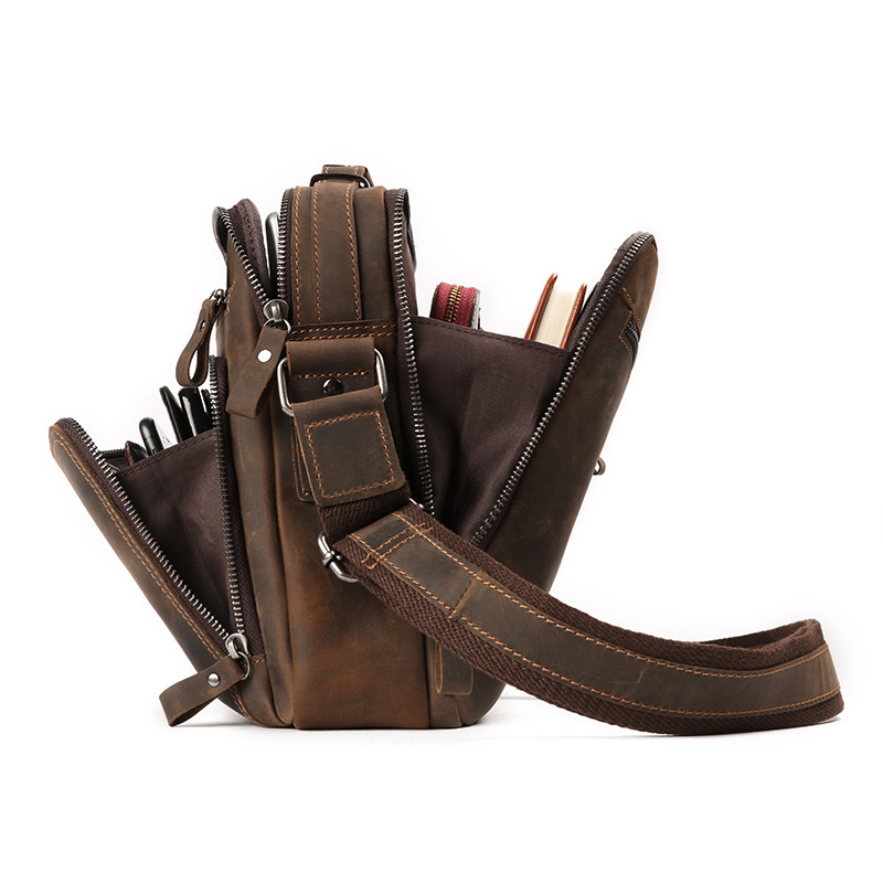 Bandolera de cuero genuino para hombre transfronterizo, mochila cruzada informal de piel de vaca retro para hombre, bolso cruzado multifuncional de gran capacidad