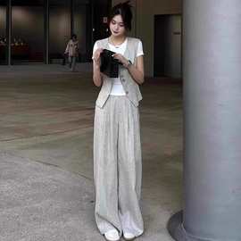 2025夏日穿搭配减龄显瘦时尚休闲无袖马甲阔腿裤一整套装女三件套