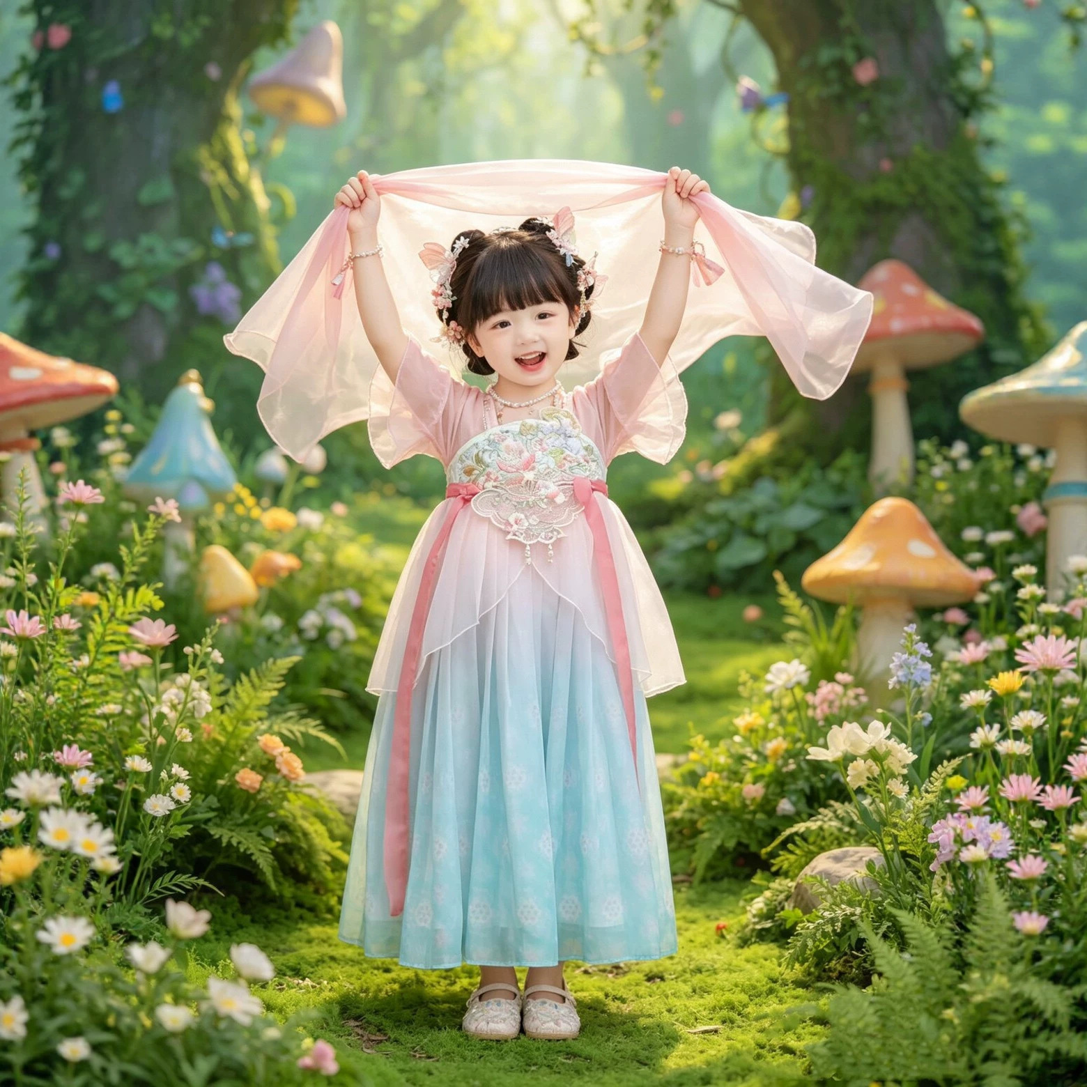 女童汉服夏季短袖网纱襦裙超仙古风公主连衣裙仙女风刺绣表演日常