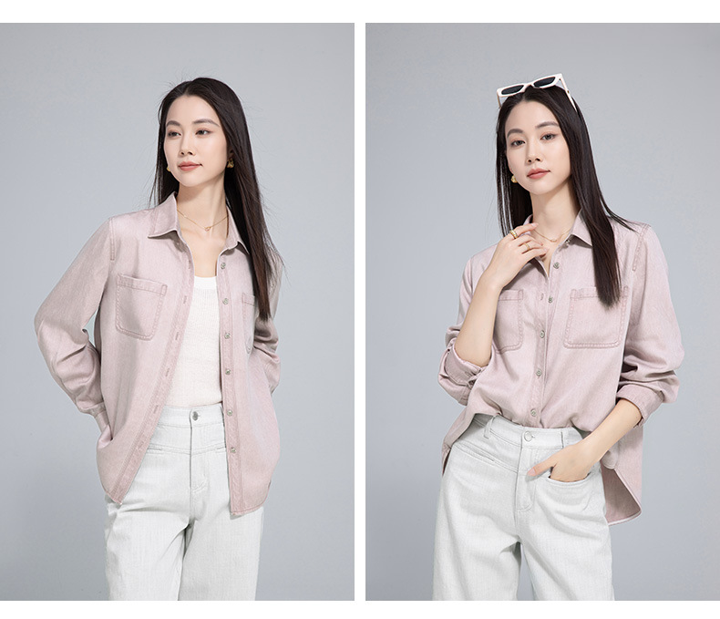 Áo sơ mi denim nữ tay dài phong cách đơn giản, chất liệu lyocell, có túi công vụ — Màu hồng chi tiết 16