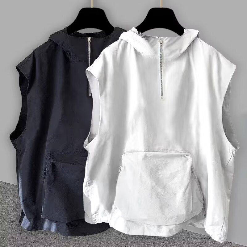 Zipper Hooded Sleeveless T-shirt Men's Summer Trendy Brand Plutton Handsome Loose Solid Color Tooling Large Pocket Design Waistcoat Vest Zipper Hooded Sleeveless T-shirt Men's Summer Trendy Brand Plutton Handsome Loose Solid Color Tooling Large Pocket Design Waistcoat Vest