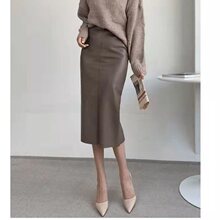 后开叉皮裙半身裙女秋冬韩版气质咖色高腰中长款直筒裙包臀一步裙