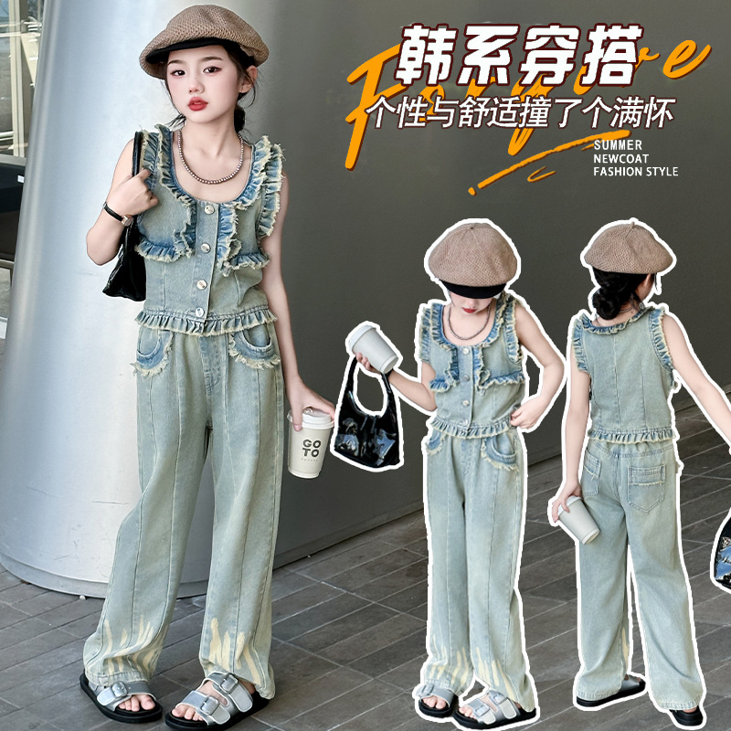 童装女童牛仔套装夏装2024新款韩版儿童吊带牛仔裤两件套洋气时髦