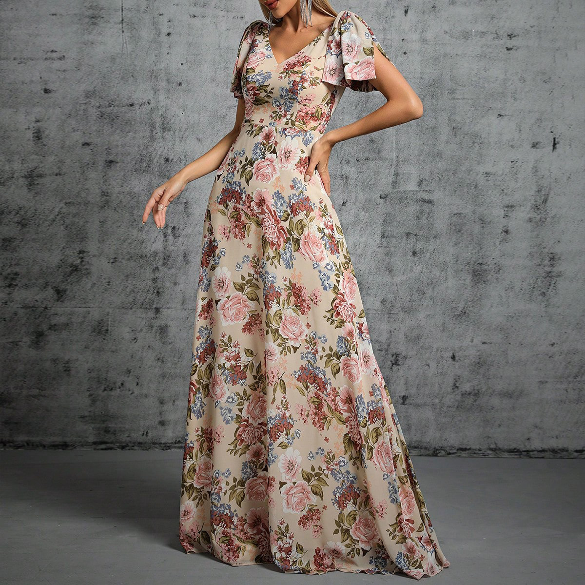 Amazon evening dress new floral digital printing women's fashion sexy deep v-neck long sleeve drape dress