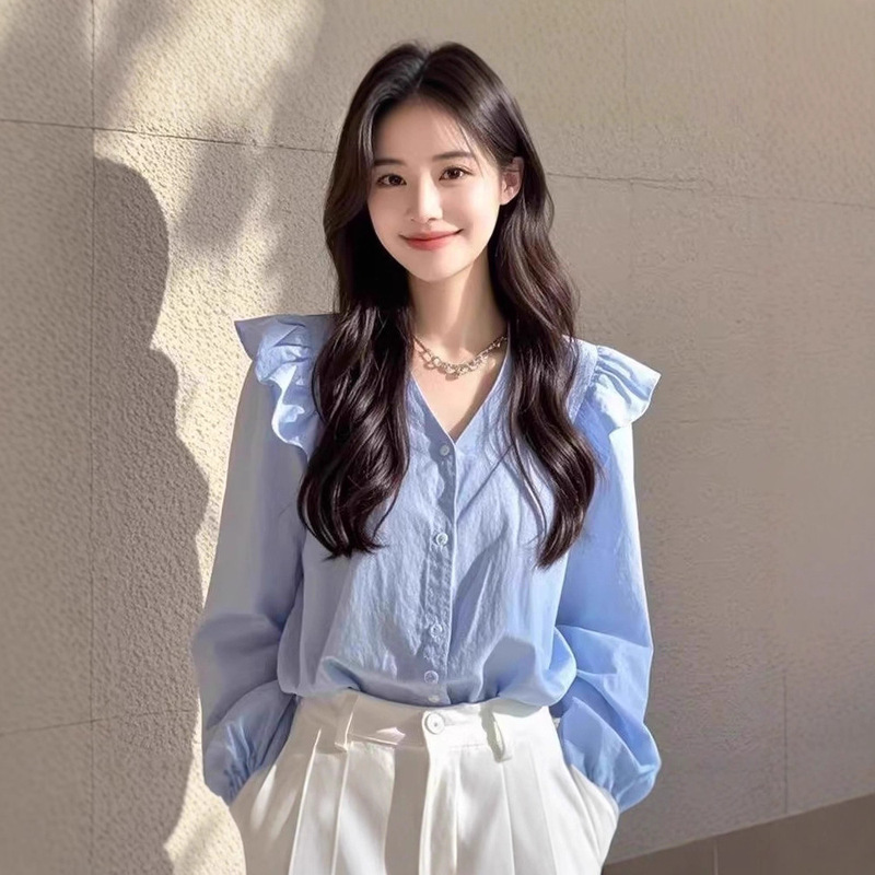 This Year's Popular Beautiful Shirts Are Accessible Luxury and High-End French Niche Beautiful Blue Long-Sleeved Shirts for Women in Early Autumn