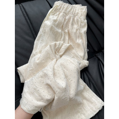 白色阔腿裤女夏季小个子抽绳高腰垂感休闲裤子破洞烫钻薄直筒长裤