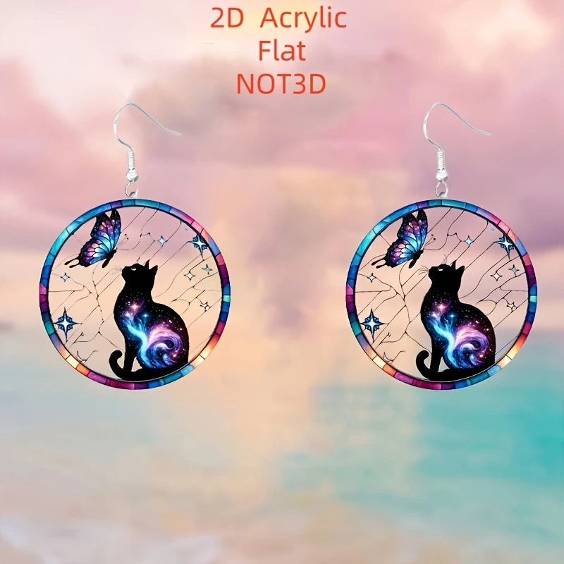 国境を越えた新製品塗装蝶ボヘミアンスタイルシリーズアクリル 2D ラウンドファッション惑星猫イヤリング|undefined