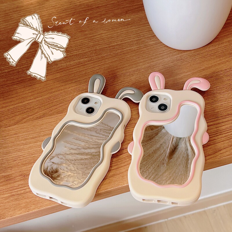 Cute Pink Rabbit Ear Makeup Mirror Suitable for Iphone15Promax Apple 13/12/11 Mobile Phone Case Xr Silicone