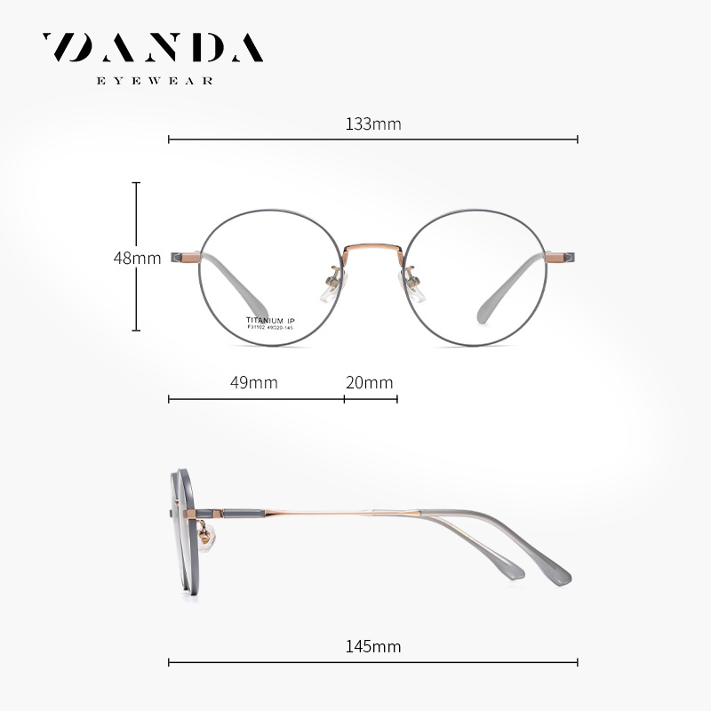 El nuevo marco de gafas de titanio puro F31102 de moda para hombres y mujeres con el mismo estilo puede equiparse con gafas de miopía, espejo plano redondo galvanizado IP