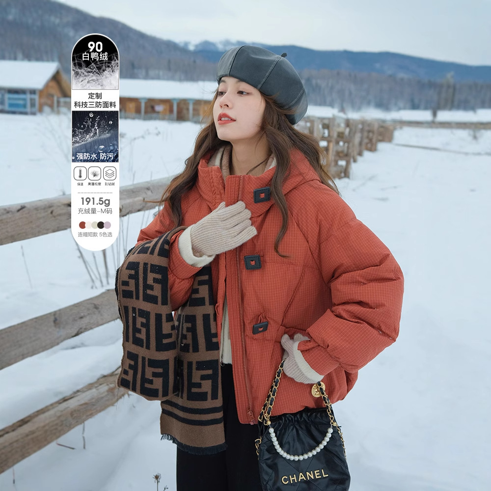 花栗鼠小姐【现货】冰岛方糖 方扣三防白鸭绒连帽短款羽绒服女冬