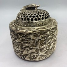 厂家古董古玩批发仿古白铜鎏银千鹤香炉文玩香薰炉工艺品摆件